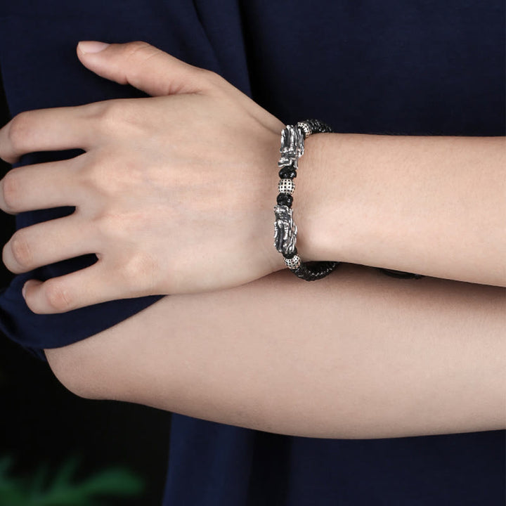 Pulsera trenzada hecha a mano con doble suerte de dragón de plata de ley 999 con Buddha Stones