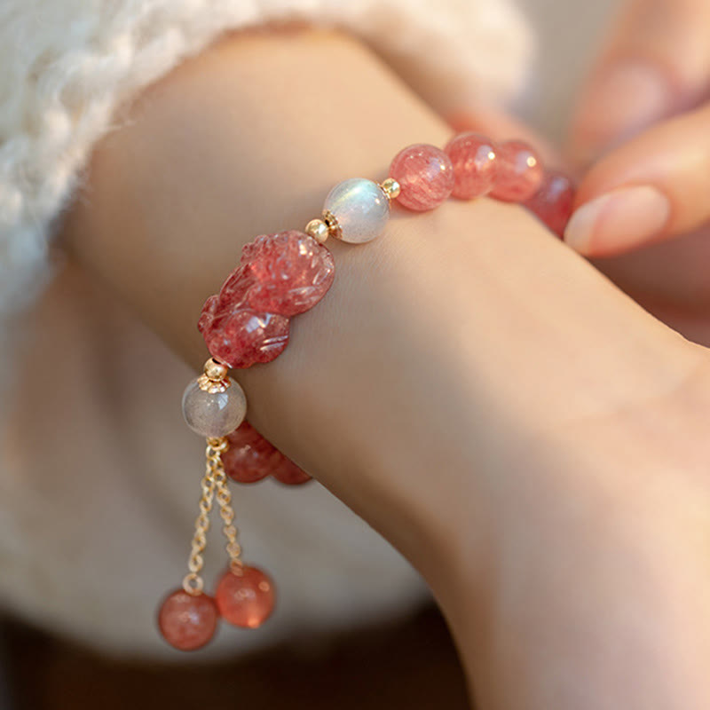 Pulsera curativa de amor PiXiu, piedra lunar de cuarzo fresa Natural con Buddha Stones