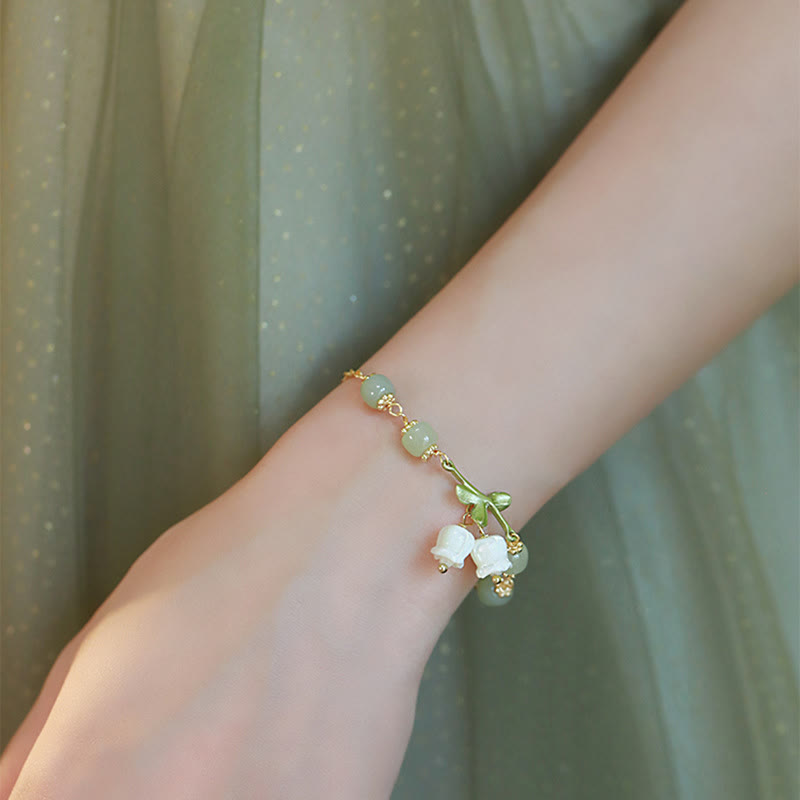 Pulsera de cadena de prosperidad de lirio de los valles con cuentas de jade verde y Buddha Stones