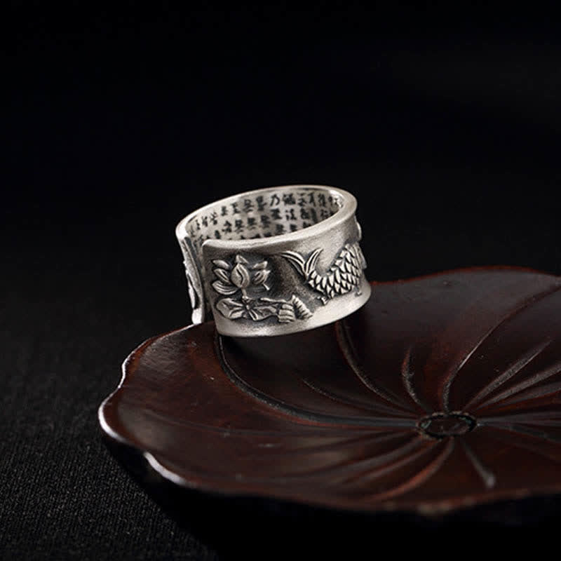 Anillo de plata de ley 999 con diseño de corazón de loto y pez koi de la suerte
