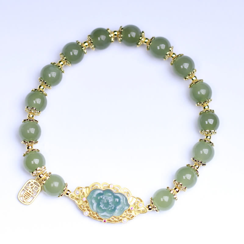 Pulsera de la suerte de loto de jade hetiano de plata de ley 925 chapada en oro de 14 quilates