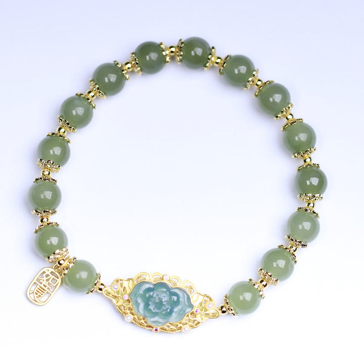 Pulsera de la suerte de loto de jade hetiano de plata de ley 925 chapada en oro de 14 quilates
