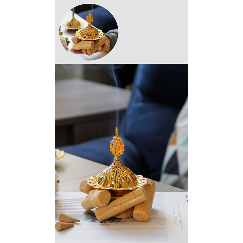 Mini quemador de incienso curativo de aleación de oro con decoración del hogar de posavasos de madera