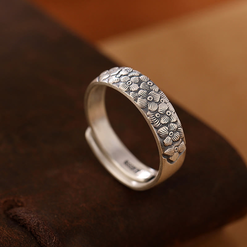 Anillo de iluminación grabado con Buddha Stones de plata de ley 999, flor de loto, flor de ciruelo, nubes auspiciosas