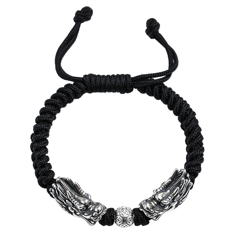 Pulsera trenzada hecha a mano con doble suerte de dragón de plata de ley 999 con Buddha Stones