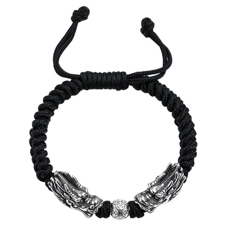 Pulsera trenzada hecha a mano con doble suerte de dragón de plata de ley 999 con Buddha Stones