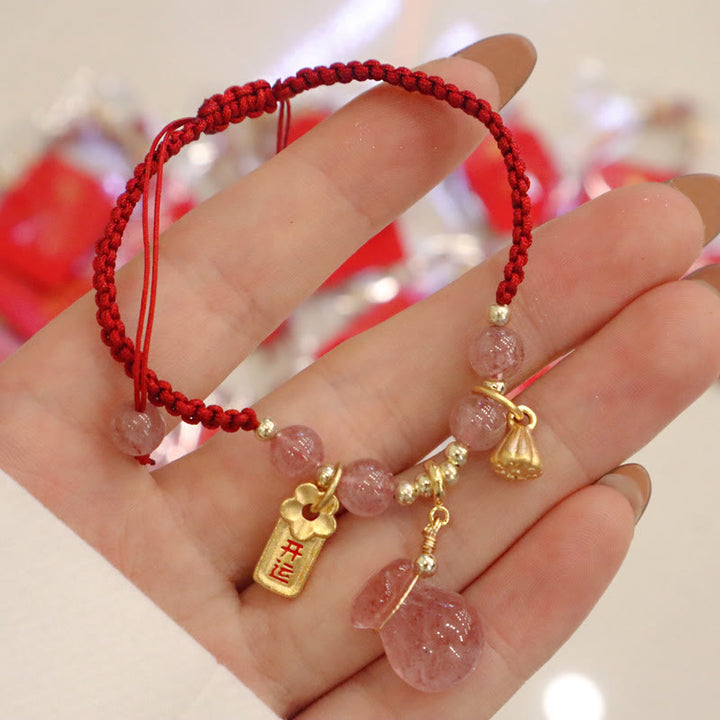 Pulsera trenzada de hilo rojo con Buddha Stones, bolsa de dinero de cuarzo fresa Natural, amuleto curativo de loto