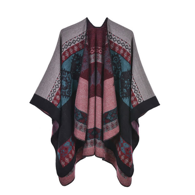 Bufanda de capa cálida de invierno con patrón de diamantes de chal tibetano de Buddha Stones - Rosa Negro - image 18