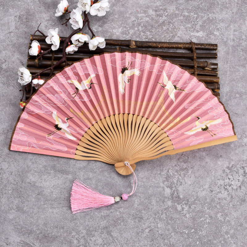 Abanico plegable de bambú de mano con diseño de grulla de nube vintage de Buddha Stones