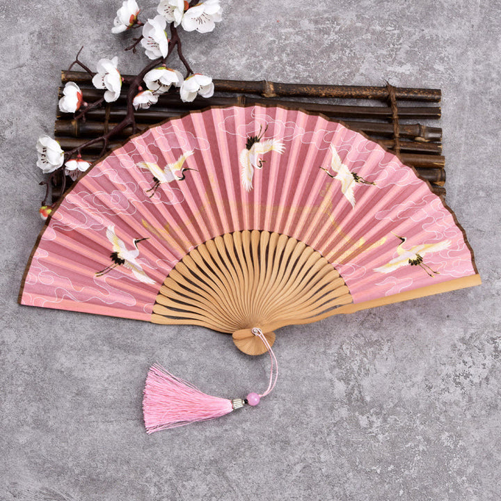 Abanico plegable de bambú de mano con diseño de grulla de nube vintage de Buddha Stones