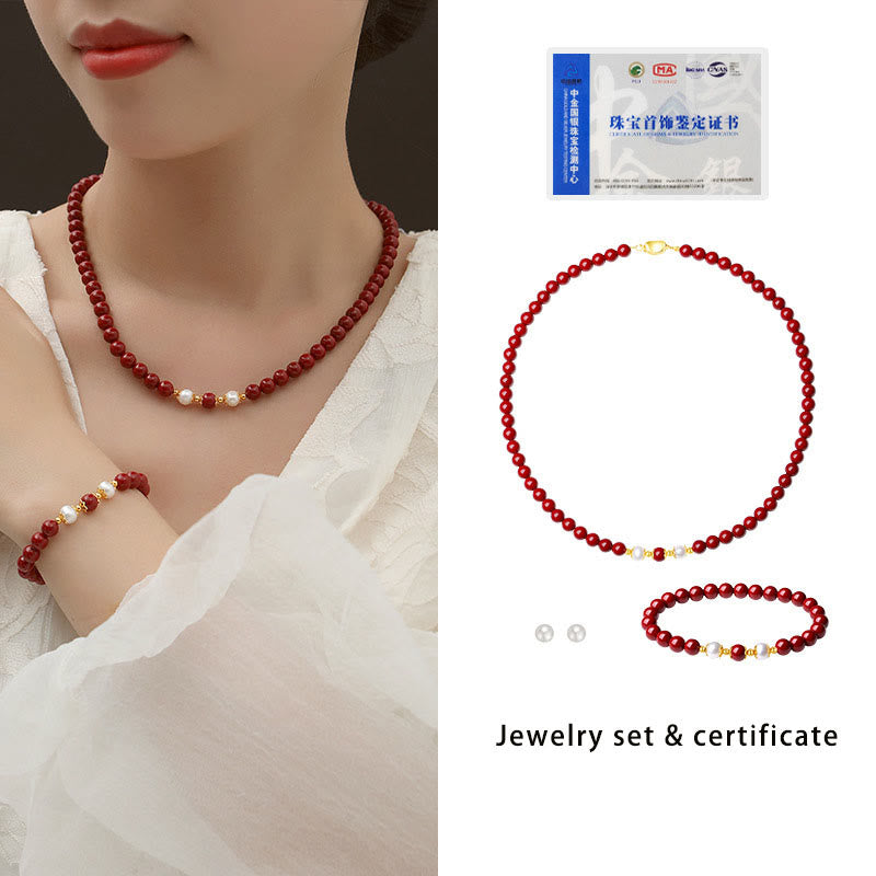 Juego de joyas de plata de ley 925 con Buddha Stones, perlas de cinabrio naturales, colgante, pulsera, pendientes