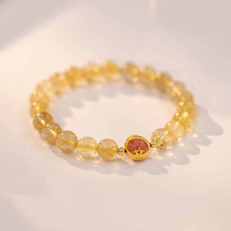 Pulsera de protección de estrella de cuarzo fresa de cuarzo rutilado dorado con Buddha Stones