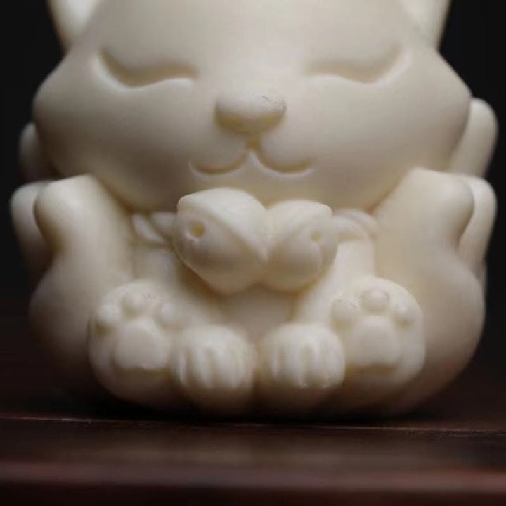 Miniatura de zorro de nueve colas, Buddha Stones, marfil, fruta, sándalo, sándalo verde, decoración bendita