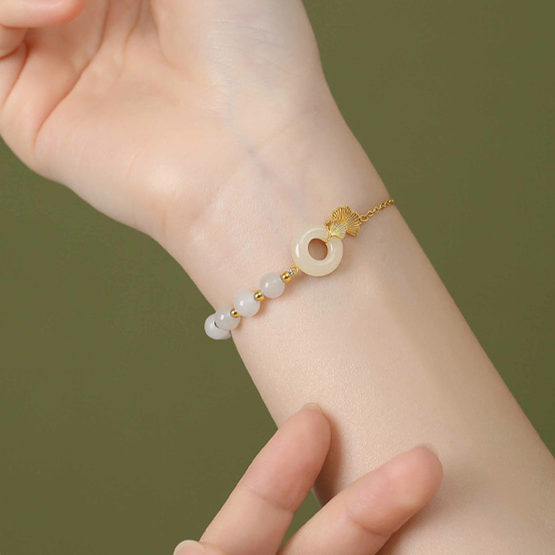 Pulsera de la suerte con Buddha Stones, plata de ley 925, jade blanco hetiano, hebilla de la paz, hoja de Ginkgo