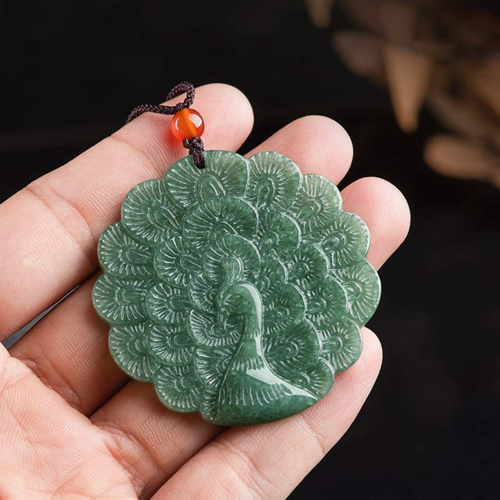 Colgante de collar de prosperidad de suerte de pavo real de jade natural