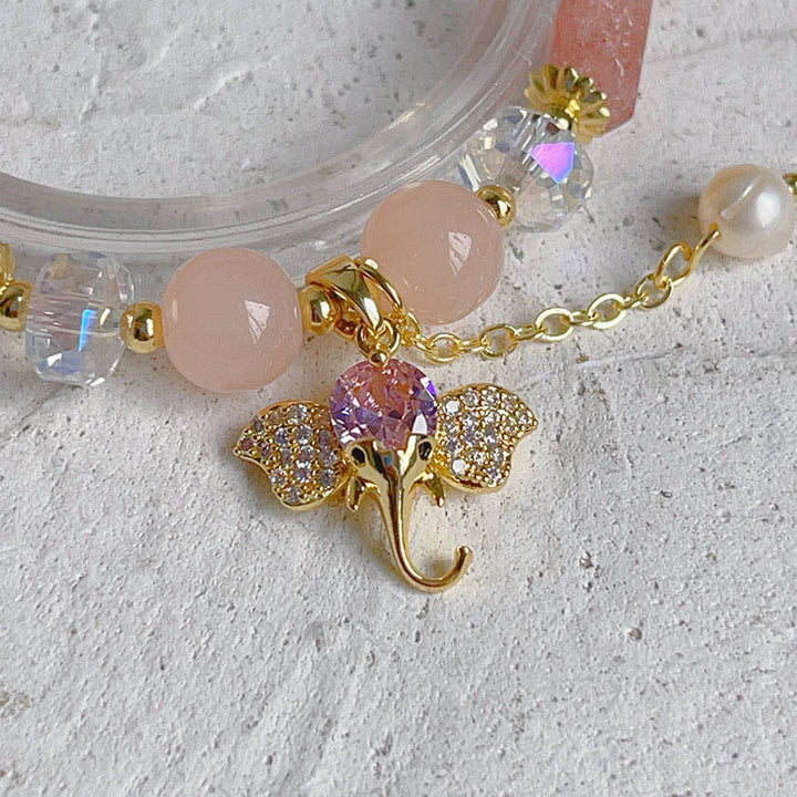 Pulsera con dije de elefante positivo, Buddha Stones , amatista, aventurina verde, cuarzo fresa
