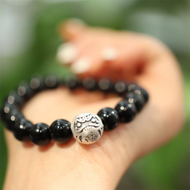 Pulsera de protección con grabado de personaje de cuentas de ónix negro de plata de ley 925 con Buddha Stones