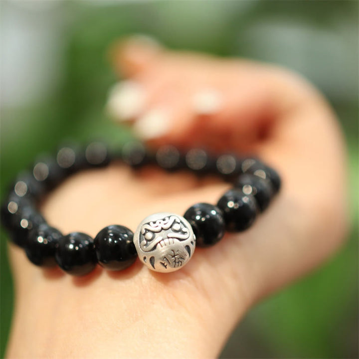 Pulsera de protección con grabado de personaje de cuentas de ónix negro de plata de ley 925 con Buddha Stones