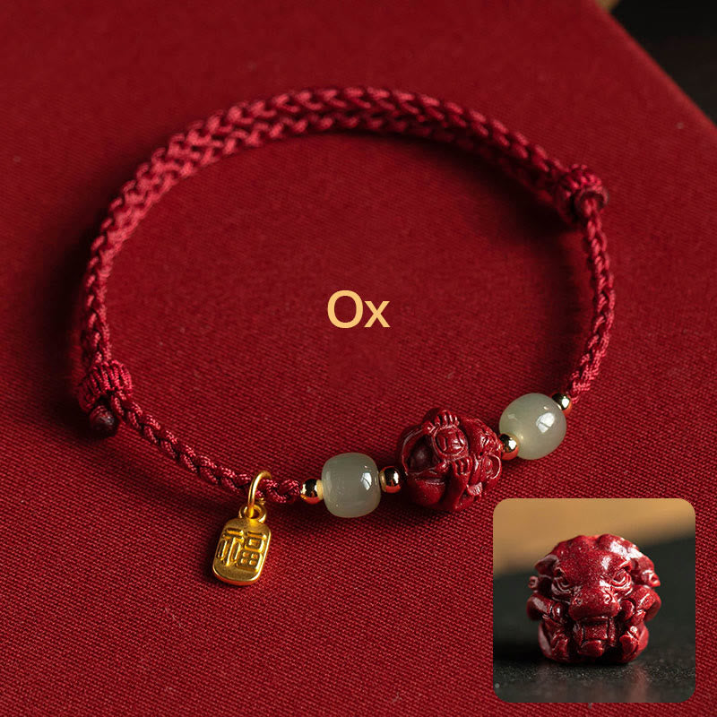Pulsera de cuerda de la suerte con carácter de Jade Hetian del zodíaco chino cinabrio Natural de Buddha Stones