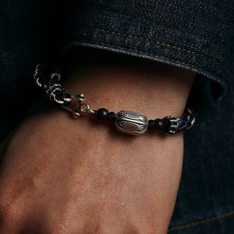 Pulsera de hilo trenzado con nudo de reencarnación de riqueza de peces Koi de plata de ley 925 con Buddha Stones