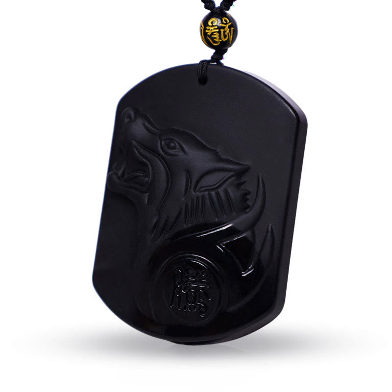 Collar con colgante de purificación de lobo de piedra de obsidiana negra con Buddha Stones