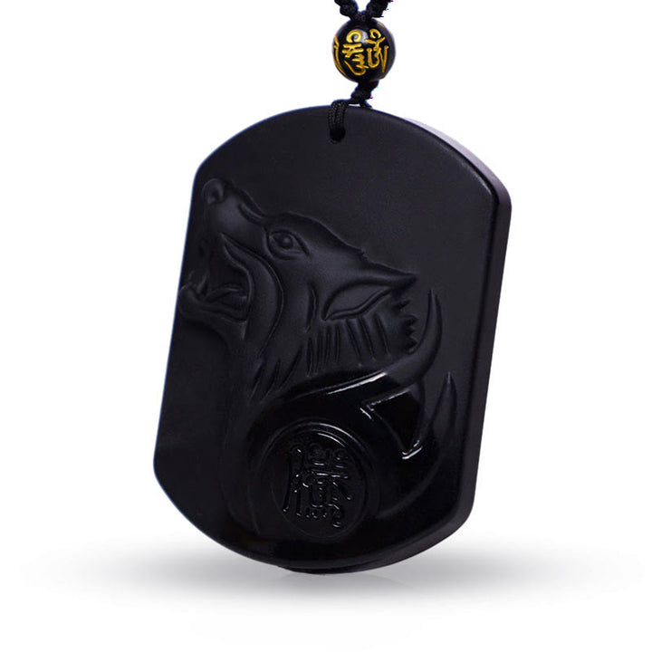 Collar con colgante de purificación de lobo de piedra de obsidiana negra con Buddha Stones