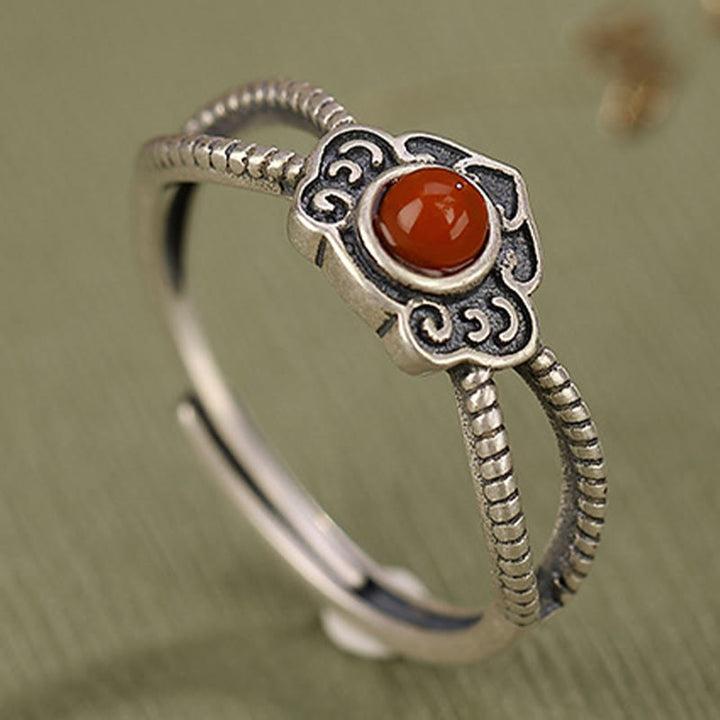 Anillo de pensamiento lógico con cuentas de ágata roja de plata de ley 925 con Buddha Stones