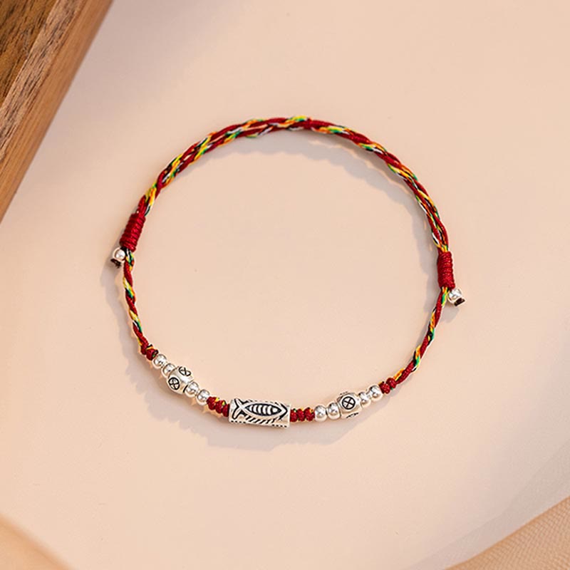 Pulsera tobillera de hilo colorido trenzado con pez Koi de la suerte de plata de ley 925 con Buddha Stones