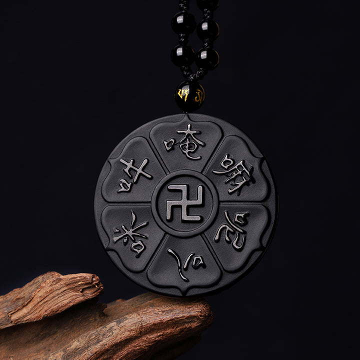 Buddha Stones, obsidiana negra Natural, Om Mani Padme Hum tibetano, colgante de collar de la suerte de la esvástica de Buda