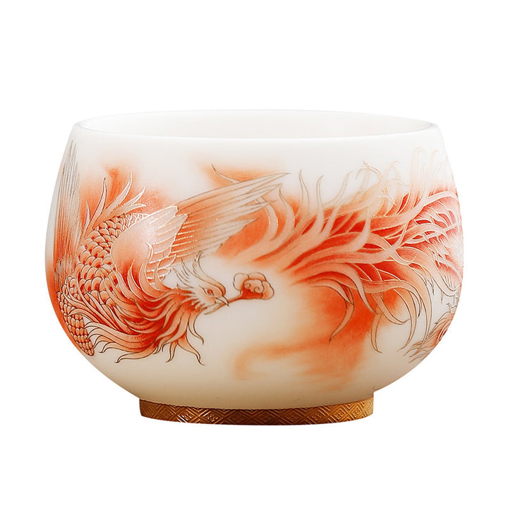 Taza de té de cerámica de porcelana blanca Fénix con Buddha Stones, taza de té de Kung Fu