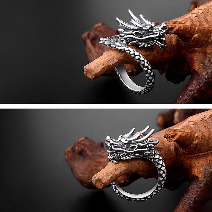 Anillo ajustable de plata de ley 990 con Buddha Stones , diseño de dragón vintage, protección de la suerte y fuerza