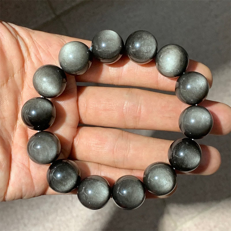 Pulsera de protección calmante de obsidiana brillante de plata natural con Buddha Stones