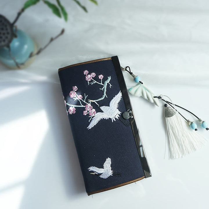 Monedero de compras con bordado de doble cara de bambú, flor de Buddha Stones , ciruela, flor de melocotón, tarjetero para efectivo de gran capacidad - Grulla de cereza azul marino - image 25