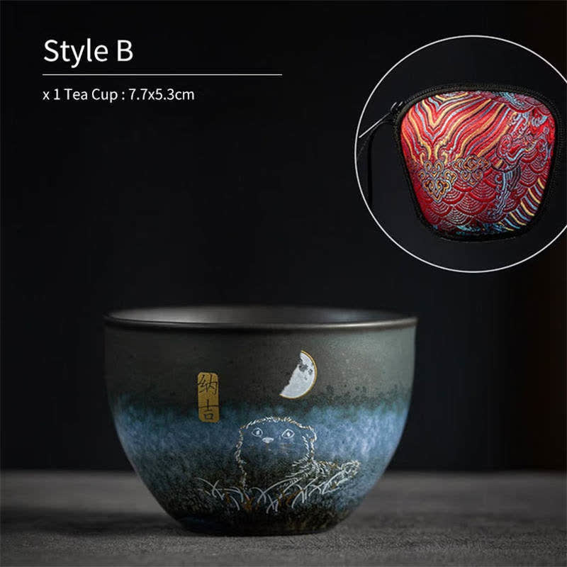 Taza de té de cerámica con Buddha Stones, tazas de té negras con gato encantador, 140ml