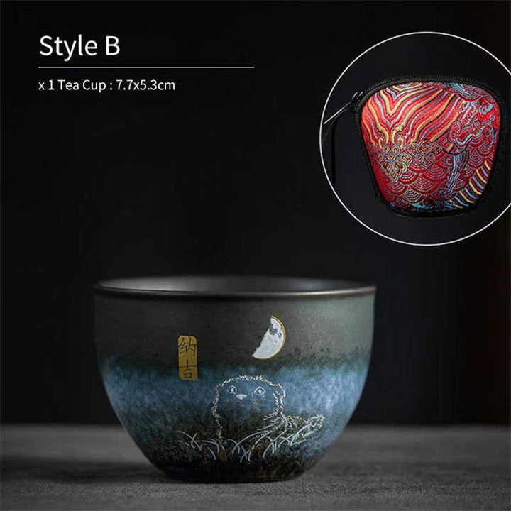 Taza de té de cerámica con Buddha Stones, tazas de té negras con gato encantador, 140ml