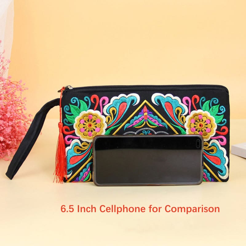 Cartera de compras con bordado de flores de Buddha Stones, dragón, mariposa, cosmos