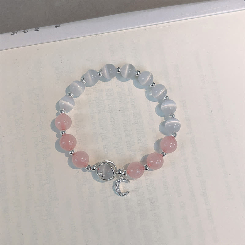 Pulsera con dije de amor y luna de cristal rosa, ojo de gato natural , Buddha Stones