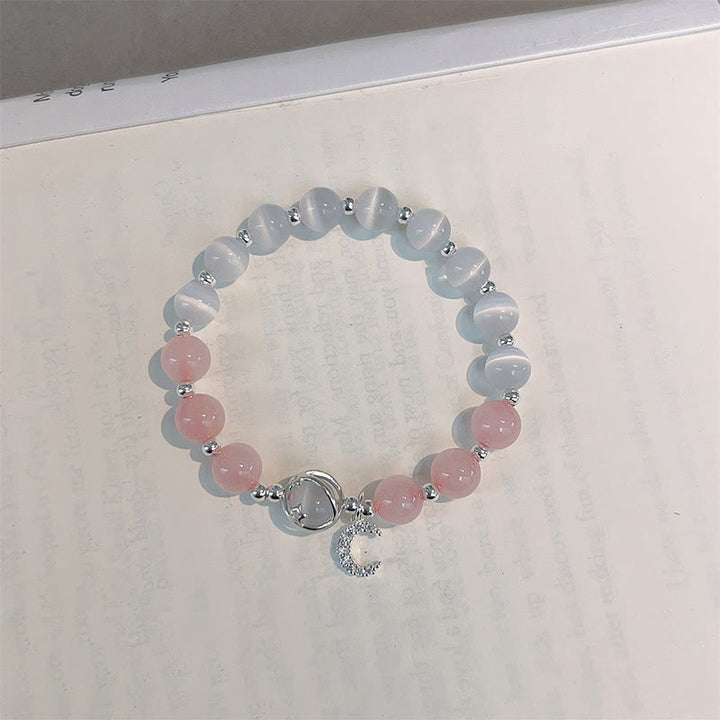 Pulsera con dije de amor y luna de cristal rosa, ojo de gato natural , Buddha Stones