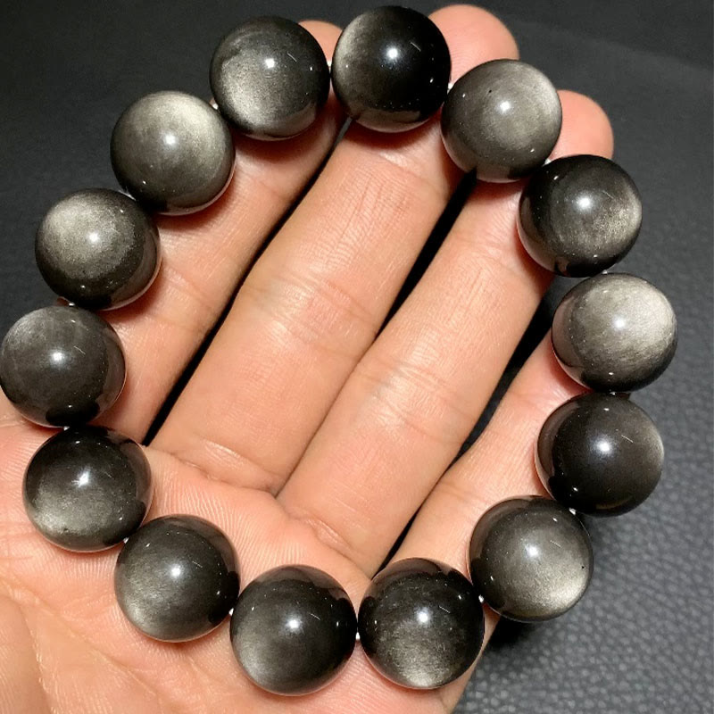 Pulsera de protección calmante de obsidiana brillante de plata natural con Buddha Stones