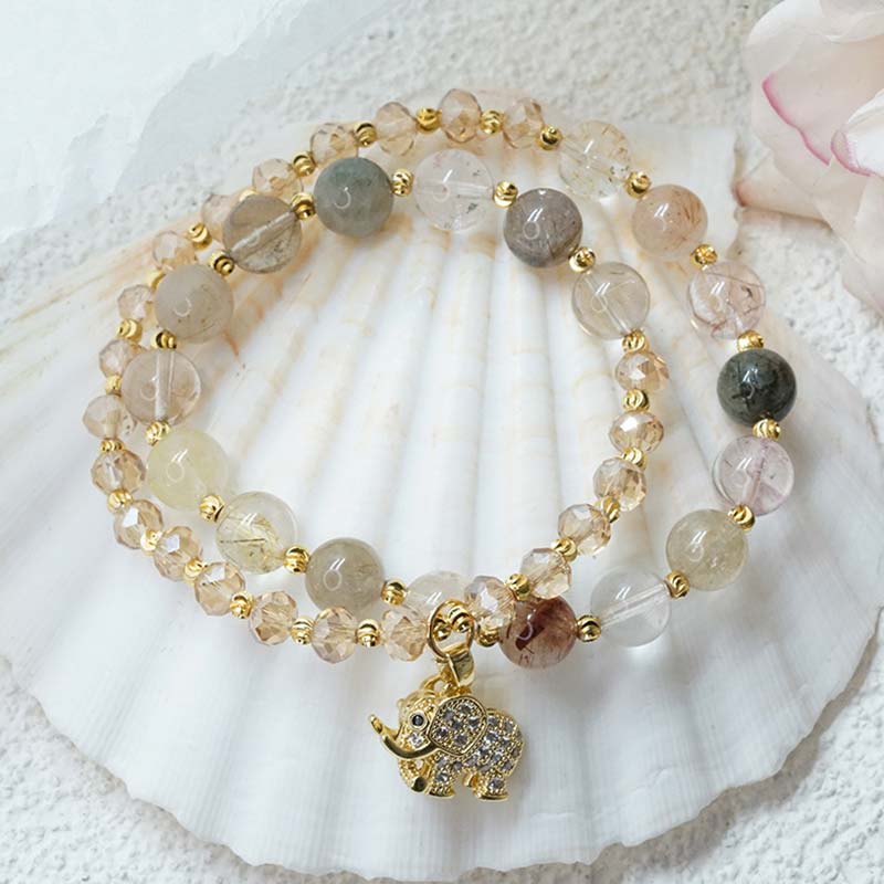 Pulsera con dijes de energía curativa de elefante de cuarzo rosa con Buddha Stones