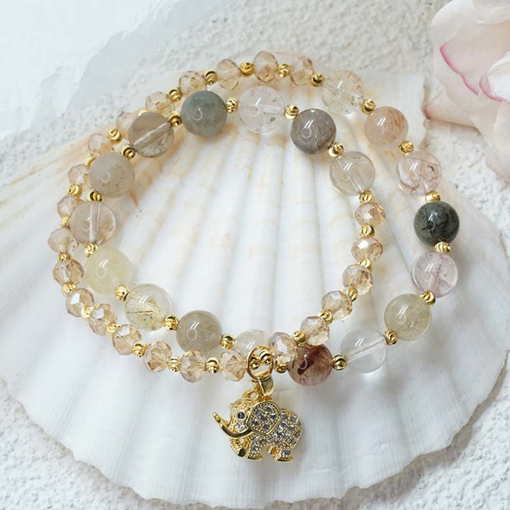 Pulsera con dijes de energía curativa de elefante de cuarzo rosa con Buddha Stones