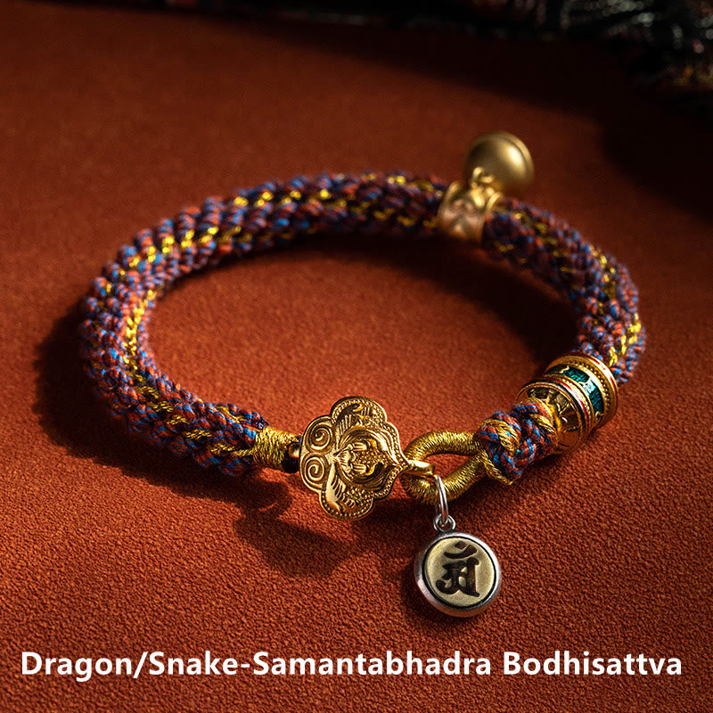 Pulsera de cuerda trenzada con campana de la suerte, Om Mani Padme Hum, Buda natal del zodíaco chino, Plata de Ley 925 con Buddha Stones