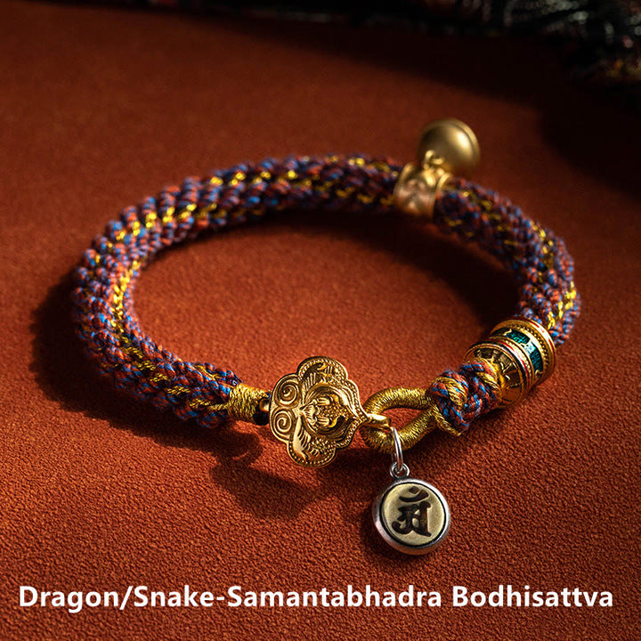 Pulsera de cuerda trenzada con campana de la suerte, Om Mani Padme Hum, Buda natal del zodíaco chino, Plata de Ley 925 con Buddha Stones
