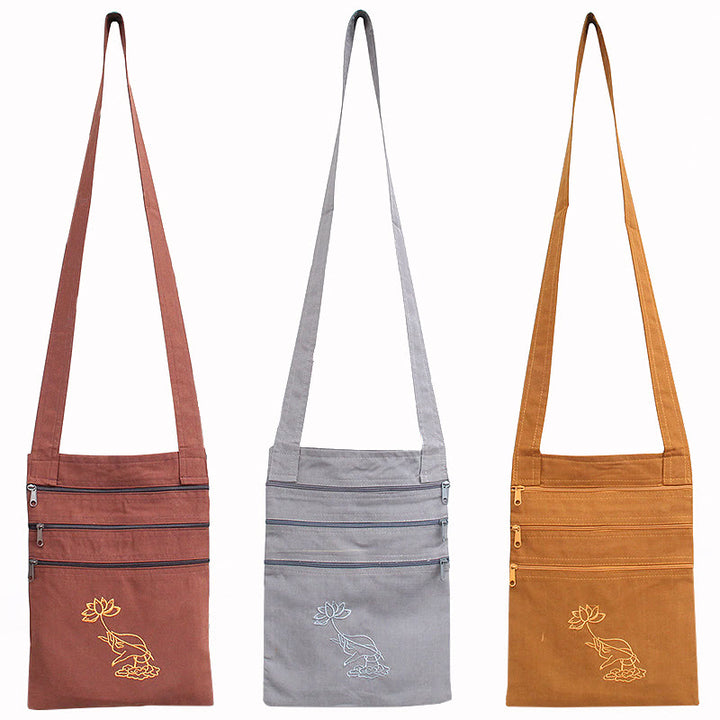 Bolso bandolera de algodón bordado con loto para práctica de la mente espiritual - image 0
