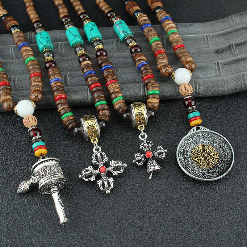 Buddha Stones tibetano Om Mani Padme Hum rueda de oración rotación Vajra collar de madera colgante - image 14