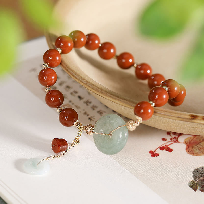Pulsera de confianza con forma de calabaza y monedas de cobre con hebilla de paz y ágata roja de jade rellena de oro de 14 quilates con Buddha Stones