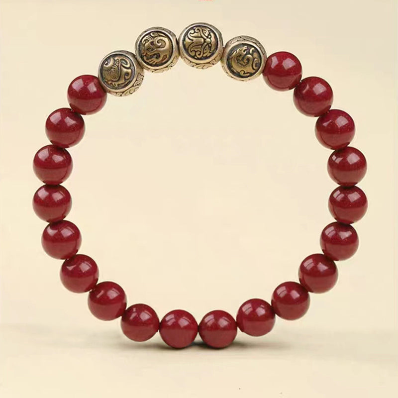 Pulsera de bendición de las cuatro bestias con cinabrio natural de plata de ley 925 con Buddha Stones