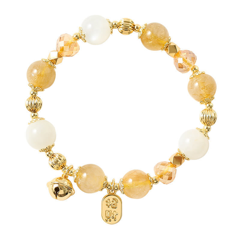 Pulsera con amuleto de la fortuna de la suerte, campana de la riqueza, cuarzo rutilado dorado, chapado en oro de 14 quilates con Buddha Stones