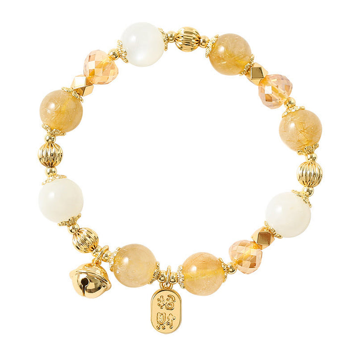 Pulsera con amuleto de la fortuna de la suerte, campana de la riqueza, cuarzo rutilado dorado, chapado en oro de 14 quilates con Buddha Stones