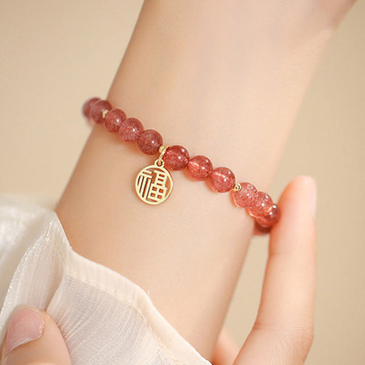 Pulsera con dije curativo de personaje Fu de cuarzo fresa chapado en oro de 14 quilates con Buddha Stones